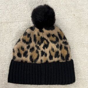 NWOT Kate Spade Leopard Print Pom Pom Faux Fur Beanie Hat OS